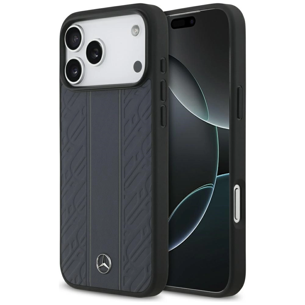 Etui Mercedes-Benz Leather Laurel Leaves Stripes MagSafe do iPhone 17 Pro Max niebieski