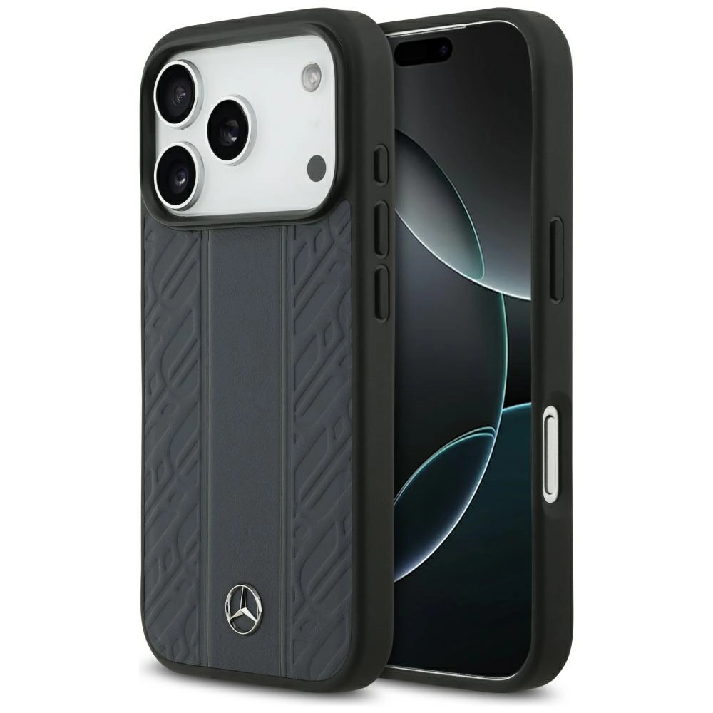 Etui Mercedes-Benz Leather Laurel Leaves Stripes MagSafe do iPhone 17 Pro niebieski