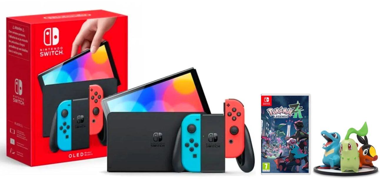 Konsola Nintendo Switch OLED Czerwono-niebieski + Gra Pokémon Legends Z-A + Figurka