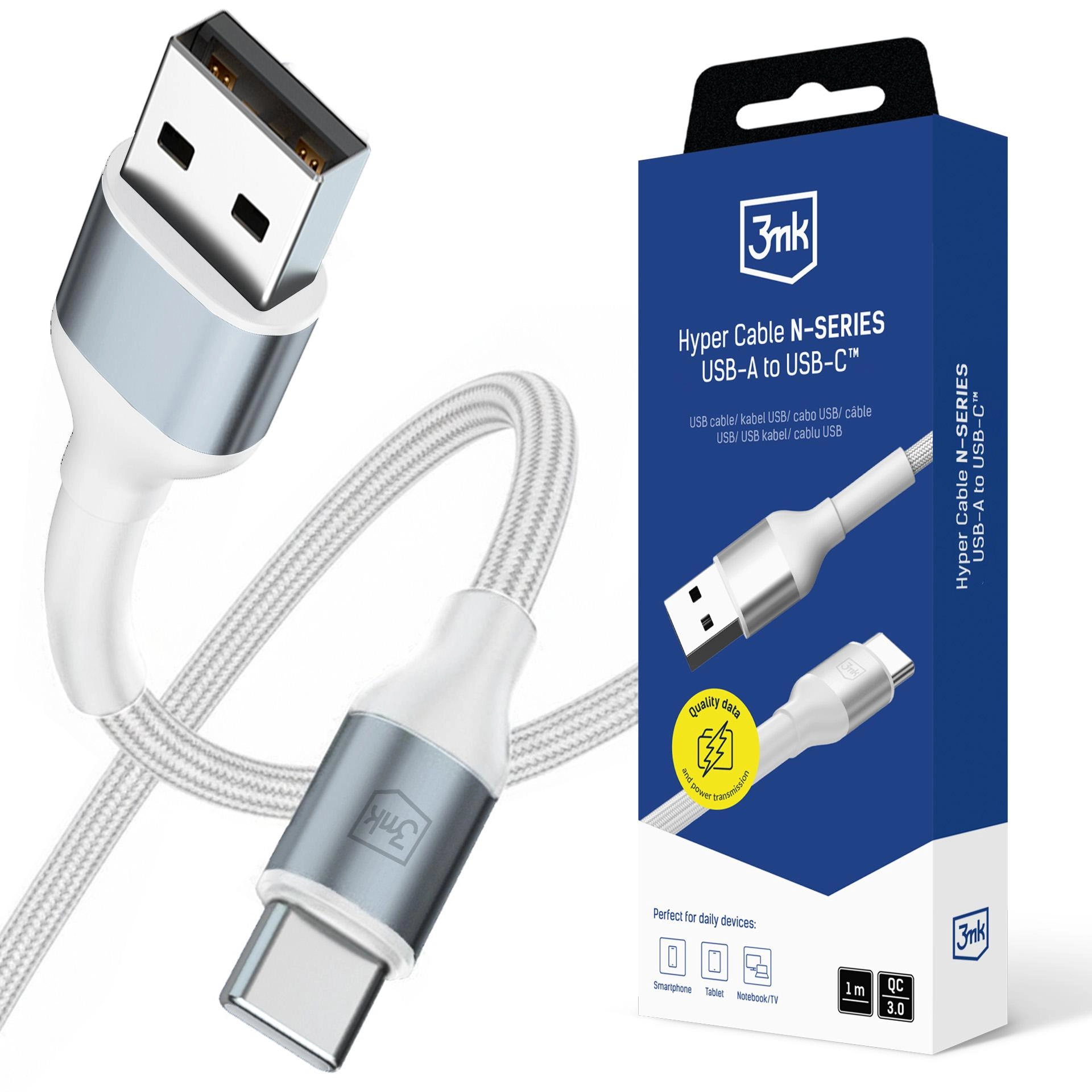 Kabel 3mk Hyper Cable N-SERIES USB-A do USB-C 1m 9V/2A 18W Biały