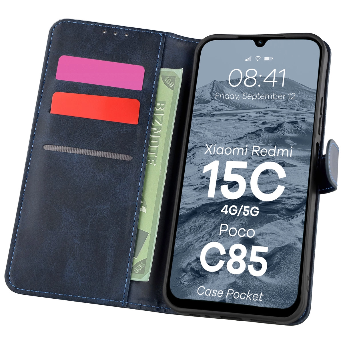Etui Bizon z klapką Pocket do Xiaomi Redmi 15C 4G / 5G / POCO C85 4G Niebieski
