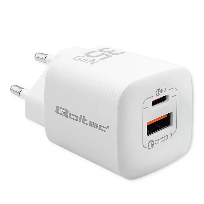Ładowarka sieciowa Qoltec GaN Ultra USB-A USB-C 35W Biały