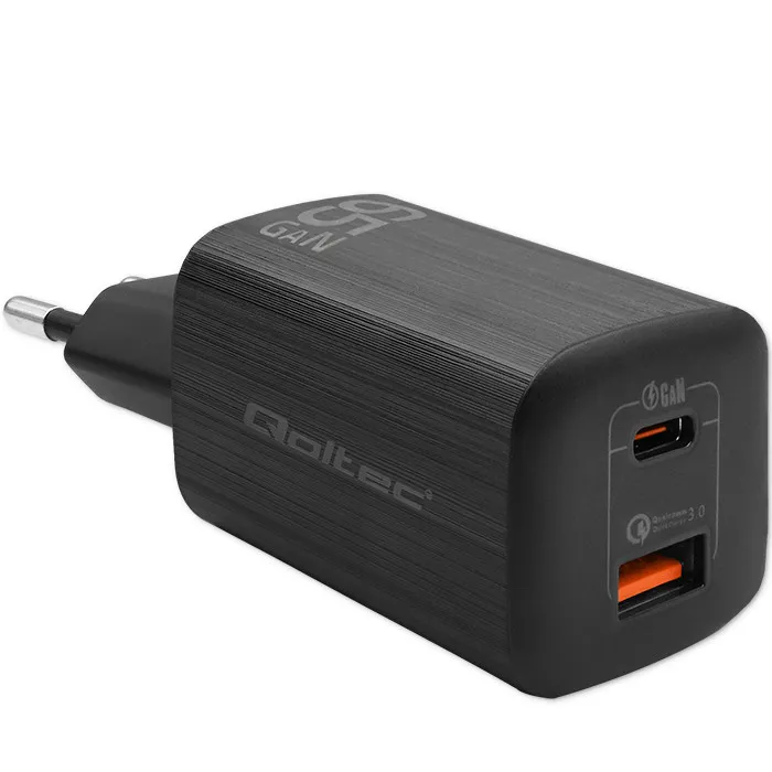 Ładowarka sieciowa Qoltec 50766 GaN USB-A USB-C 65W Czarny