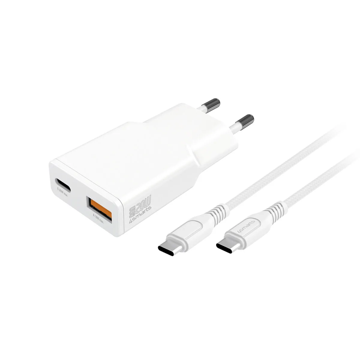 Ładowarka sieciowa 4smarts 541509 GaN 20W + kabel USB-C do USB-C 1,5m Biały