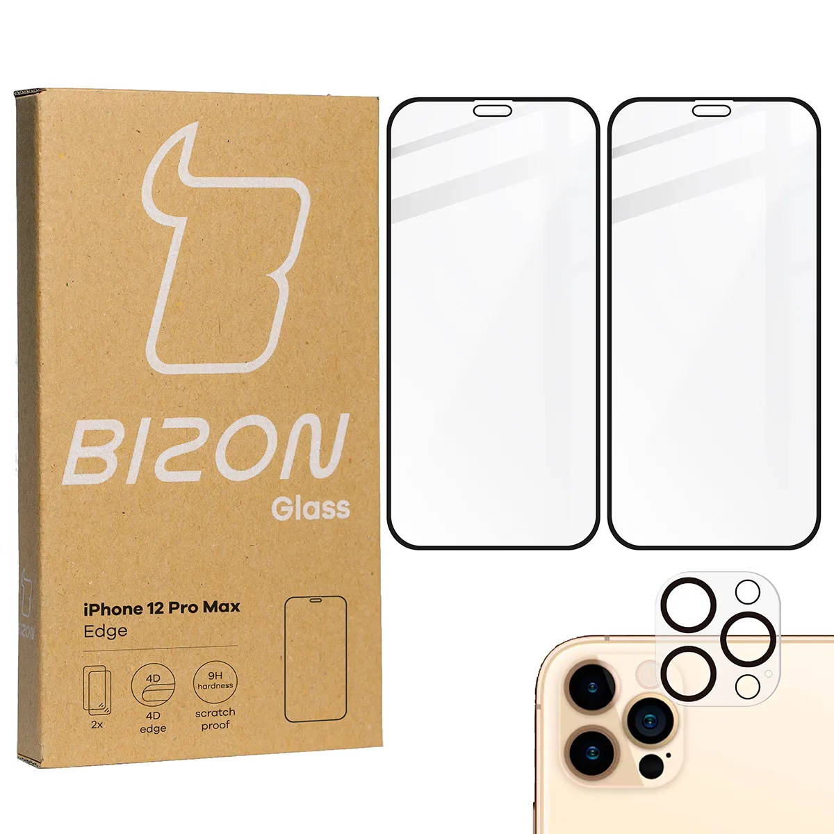 Zestaw ochronny Bizon 2x Szkło + szybka na aparat Edge Pack do iPhone 12 Pro Max