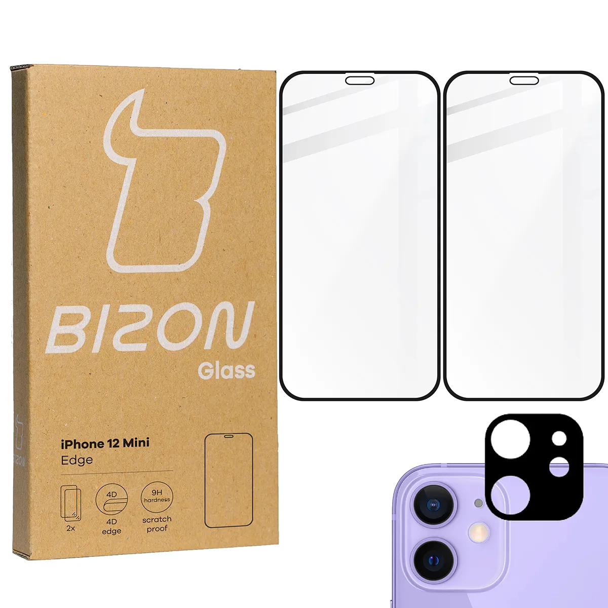 Zestaw ochronny Bizon 2x Szkło + szybka na aparat Edge Pack do iPhone 12 Mini
