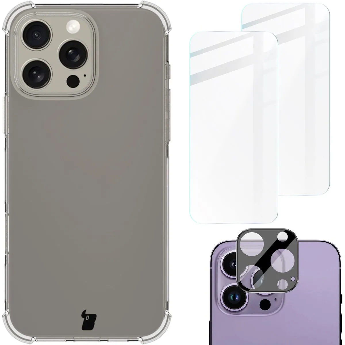 Etui Bizon elastyczne etui + 2x folia + szkło na aparat Clear Pack do iPhone 16 Pro Max