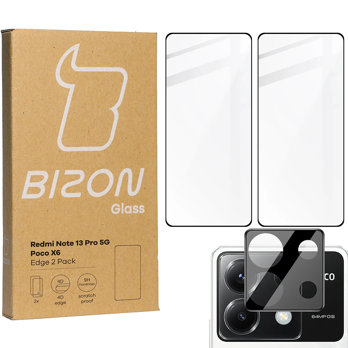Zestaw ochronny Bizon 2x Szkło + szybka na aparat Edge 2 Pack do Xiaomi Poco M6 Pro 4G / Xiaomi Redmi Note 13 Pro 4G
