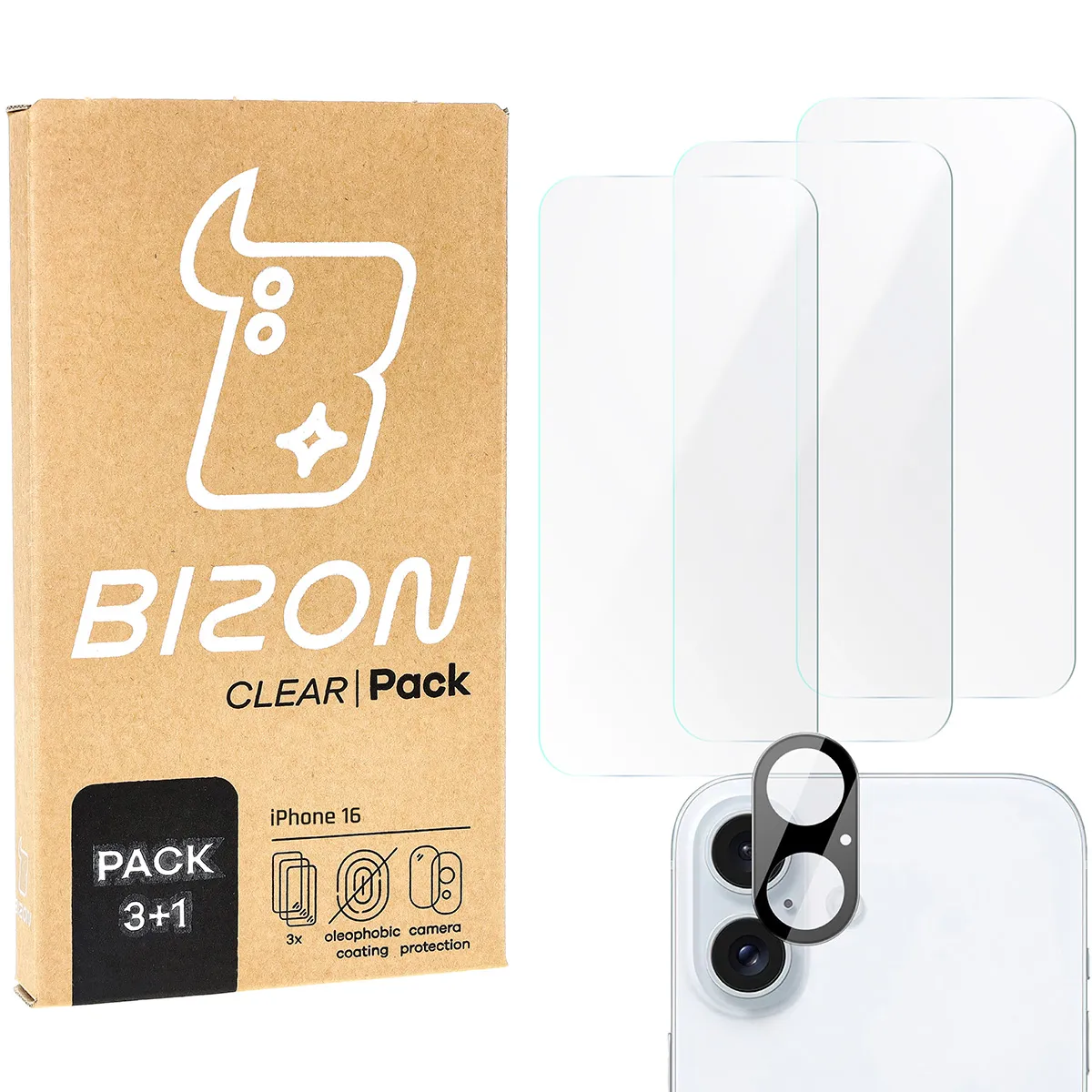 Zestaw ochronny Bizon 3x Szkło hartowane + szybka na aparat Clear 2 Pack do iPhone 16