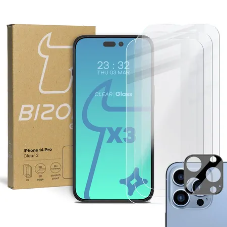 Zestaw ochronny Bizon 3x Szkło hartowane + szybka na aparat Clear 2 Pack do iPhone 14 Pro