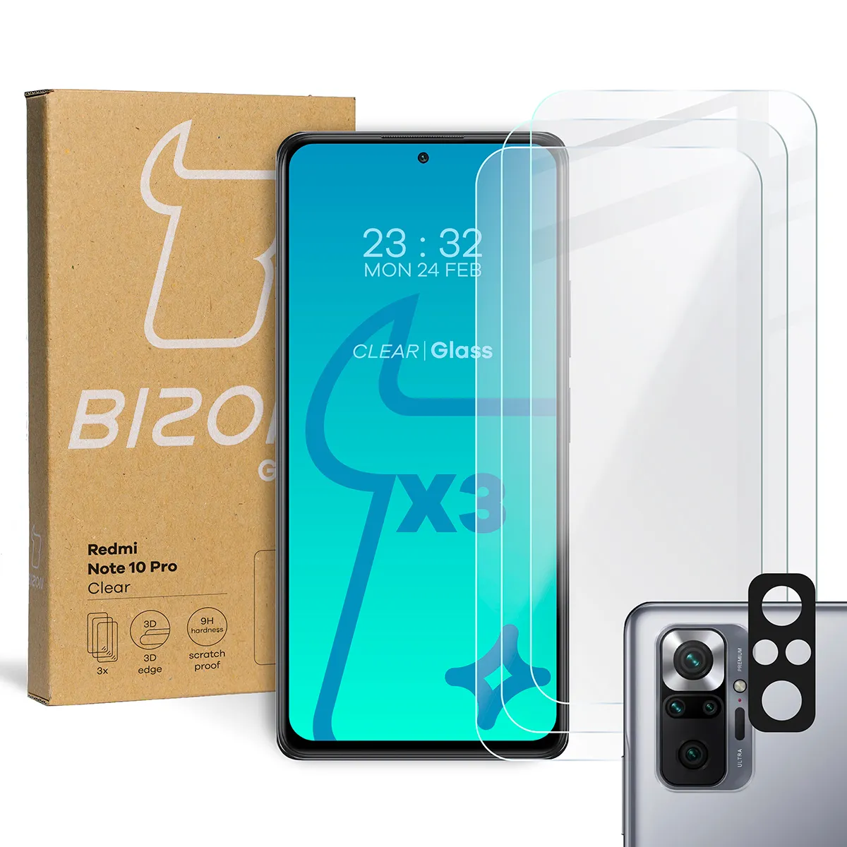 Zestaw ochronny Bizon 3x Szkło hartowane + szybka na aparat Glass Clear Pack do Xiaomi Redmi Note 10 Pro