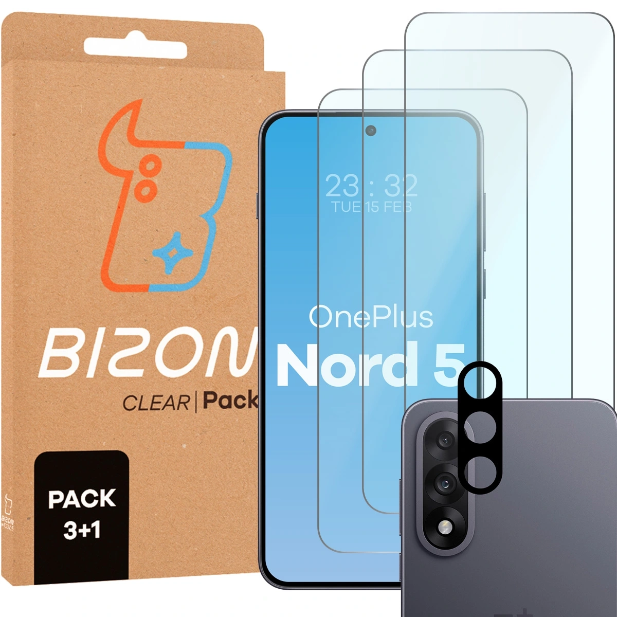 Zestaw ochronny Bizon 3x Szkło hartowane + szybka na aparat Glass Clear Pack do OnePlus Nord 5