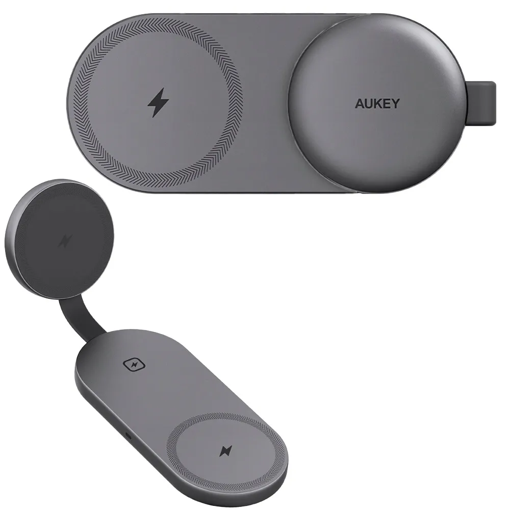 Ładowarka indukcyjna Aukey LC-MC314 3w1 MagFusion Qi2.2 25W Szaro-czarny