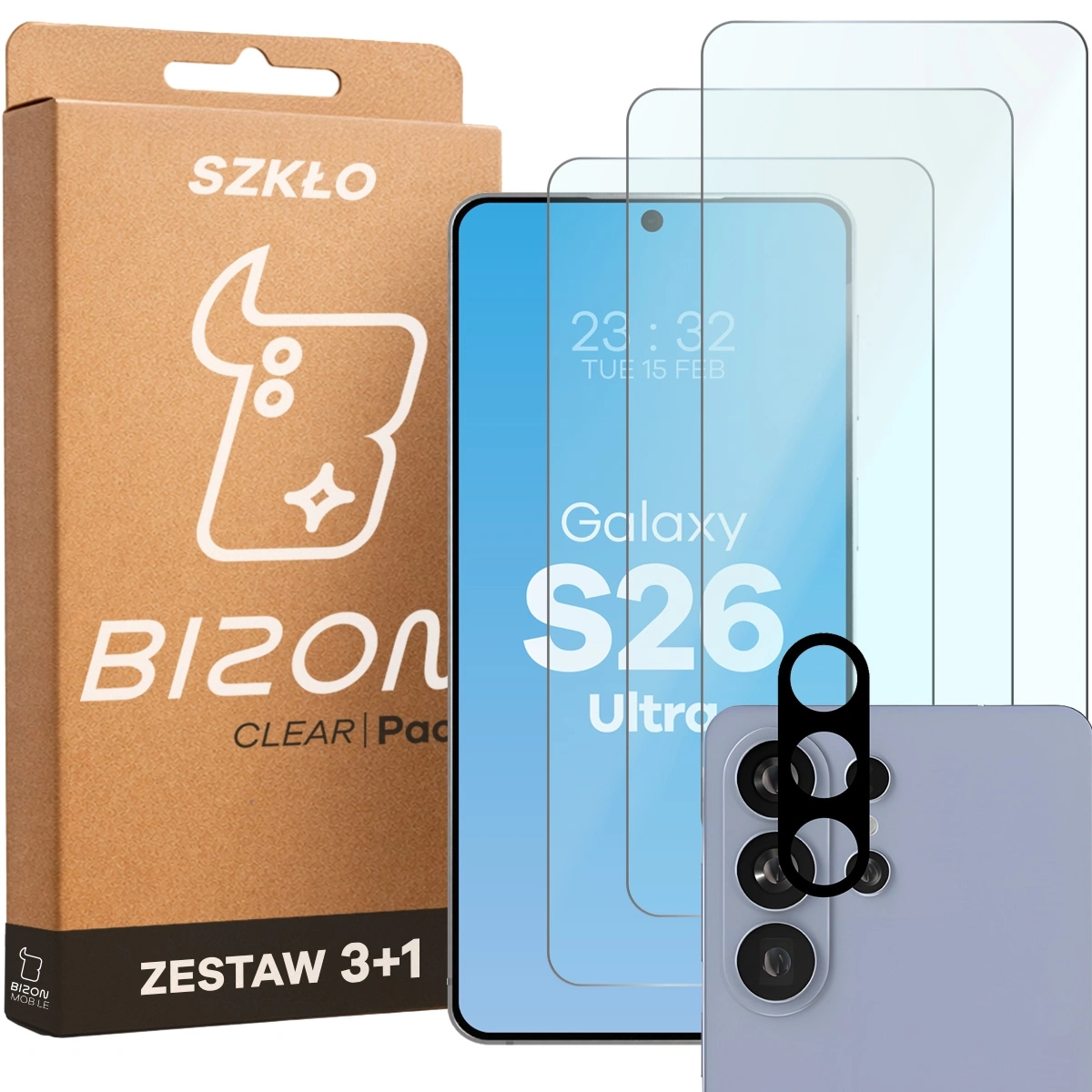 Zestaw ochronny Bizon Szkło + szybka na aparat Glass Clear Pack do Galaxy S26 Ultra 3 sztuki