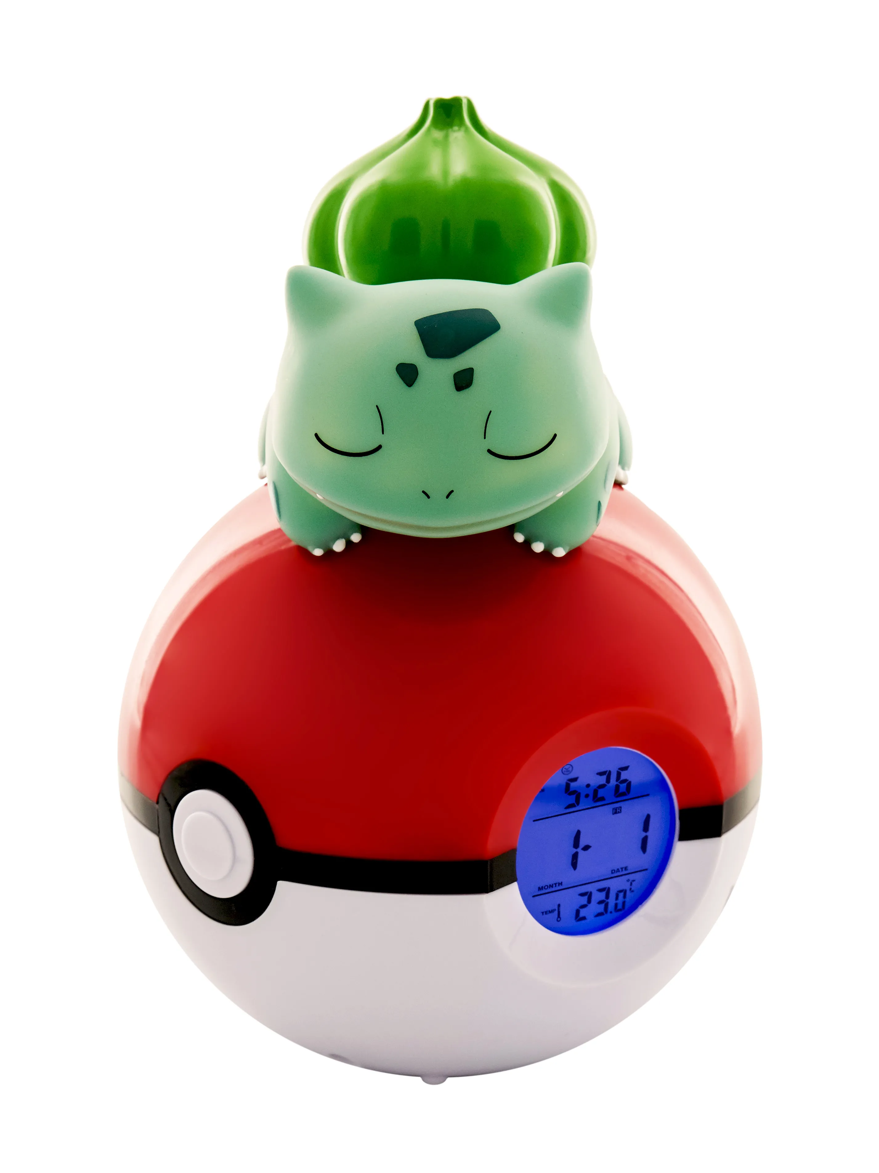 Budzik Teknofun Pokémon z figurką Bulbasaura na Pokéballu Lampka nocna z zegarkiem i radiem FM