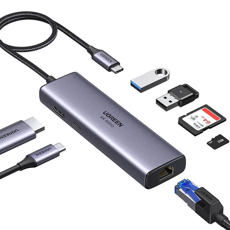 Hub USB UGREEN CM512 7w1 2x USB 3.2 Gen 1 HDMI USB Typ C RJ45 SD/TF Szary
