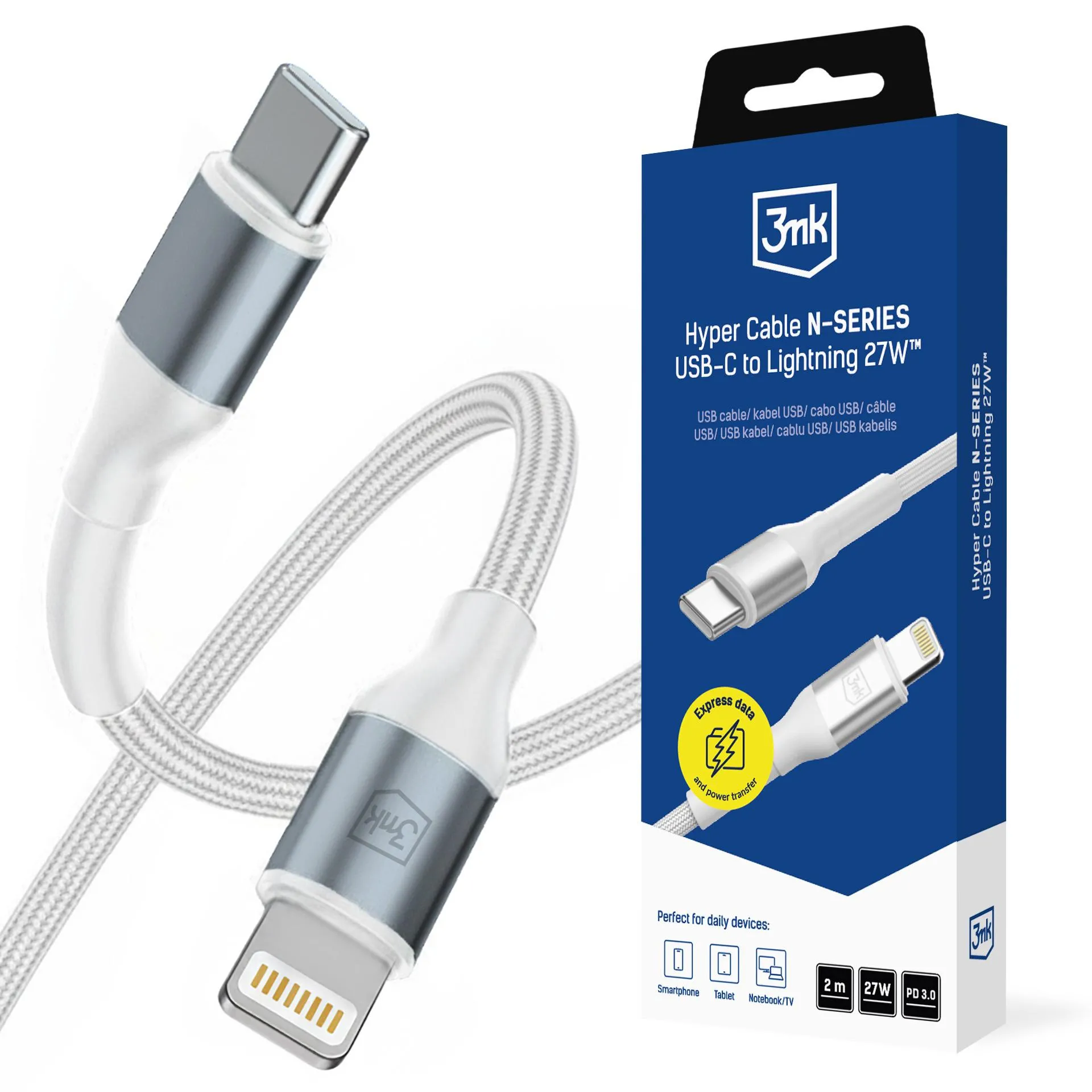 Kabel 3mk Hyper Cable N-SERIES PD 3.0 9V/3A USB-C do Lightning 2m 27W Biały