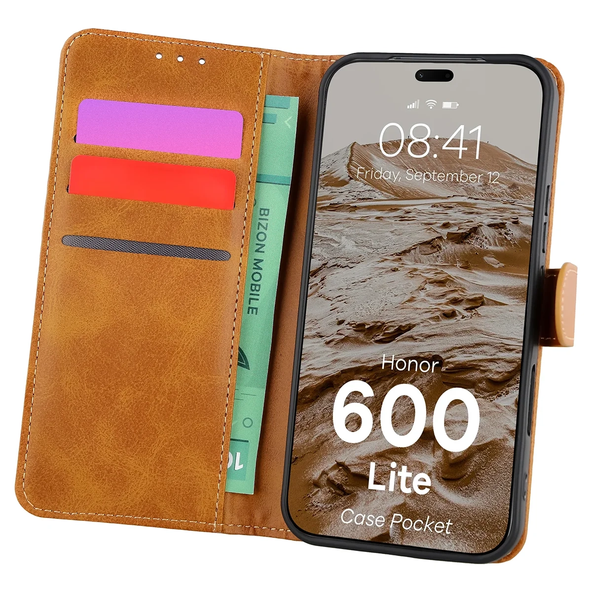 Etui Bizon Case Pocket do Honor 600 Lite 5G Brązowy