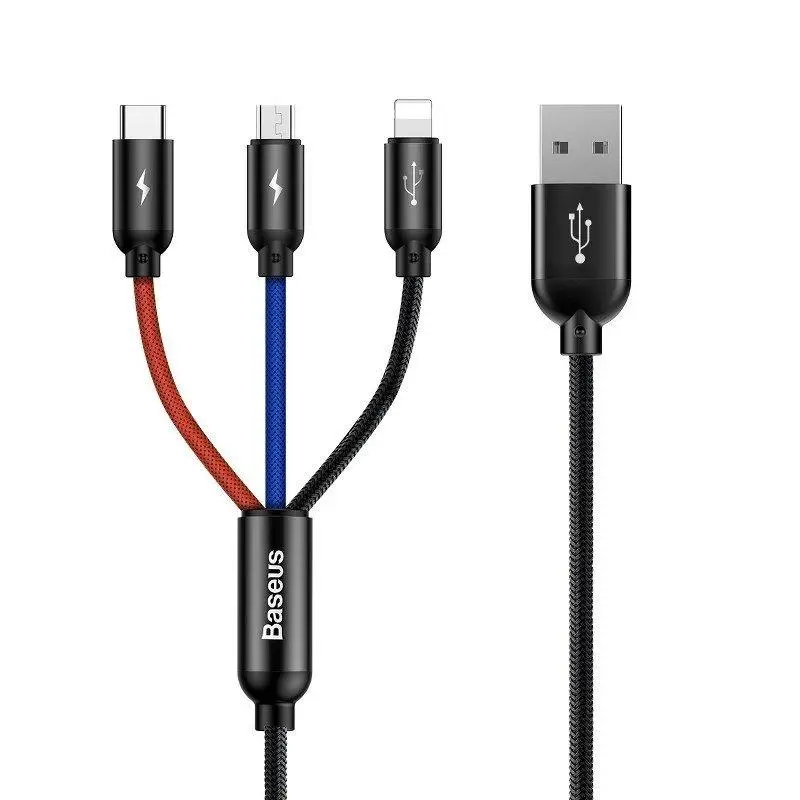 Kabel Baseus USB 3w1 USB-C Lightning Micro 3,5A 0,3m Czarny