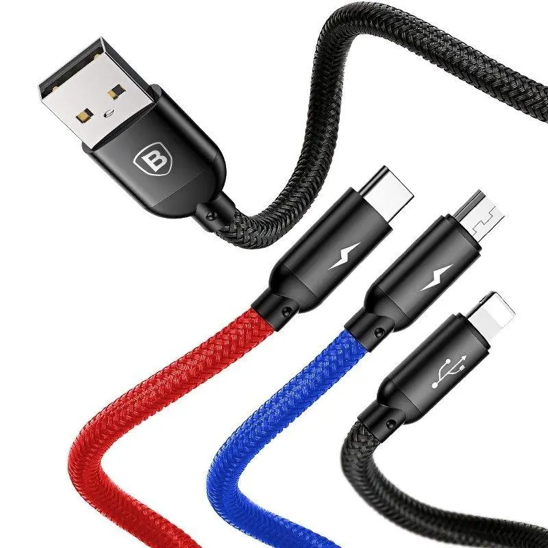 Kabel Baseus USB 3w1 USB-C Lightning Micro 3,5A 0,3m Czarny