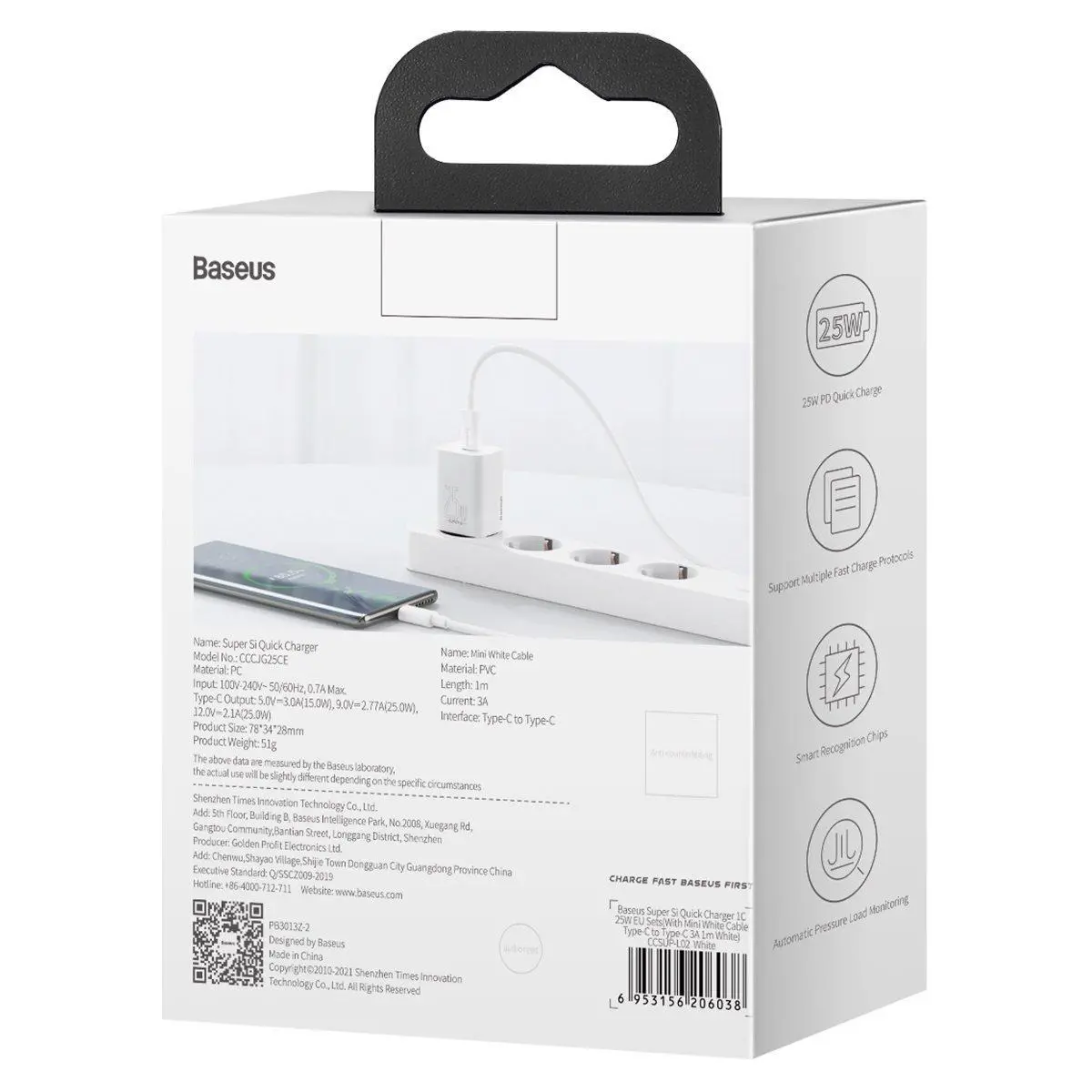 Ładowarka sieciowa Baseus TZCCSUP-L02 Super Si Quick Charger 1C 25W + kabel USB-C do USB-C 1m Biały