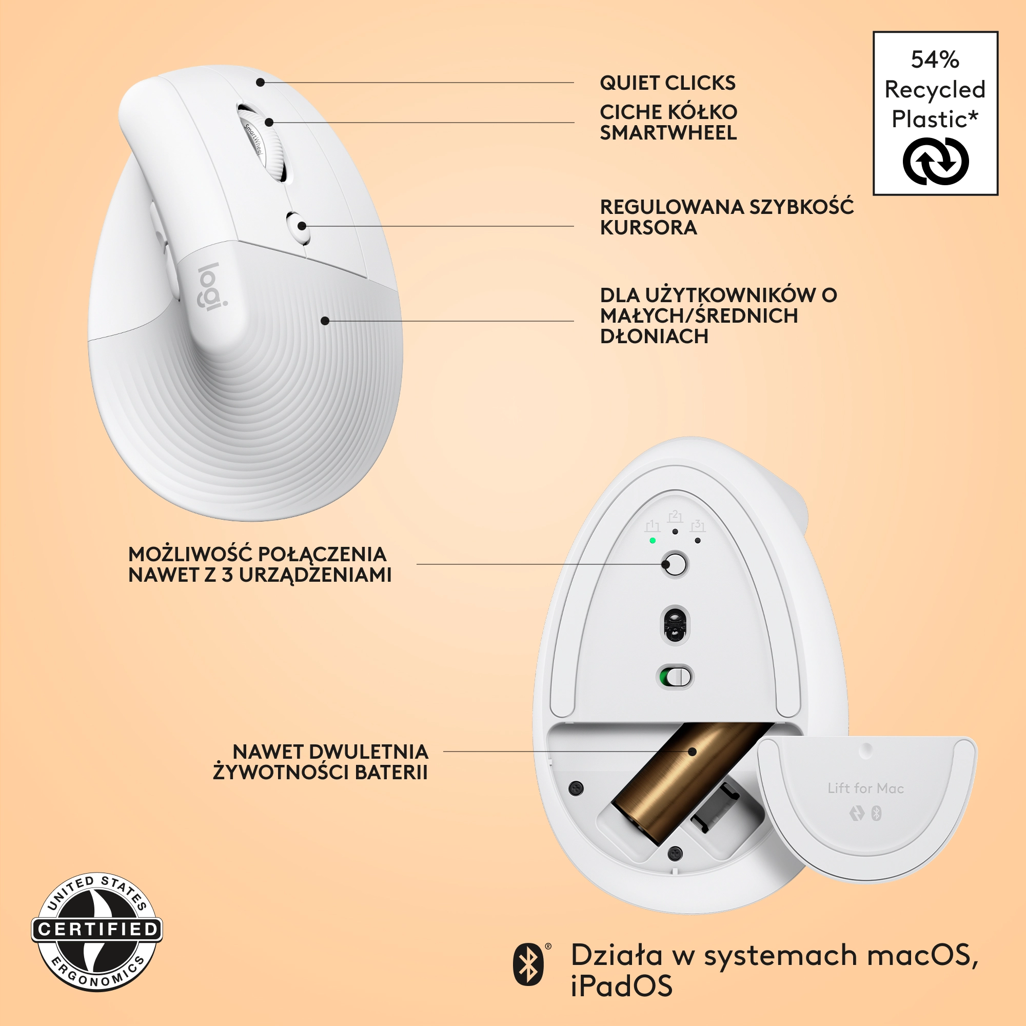 Myszka Logitech Lift dla Mac Biały