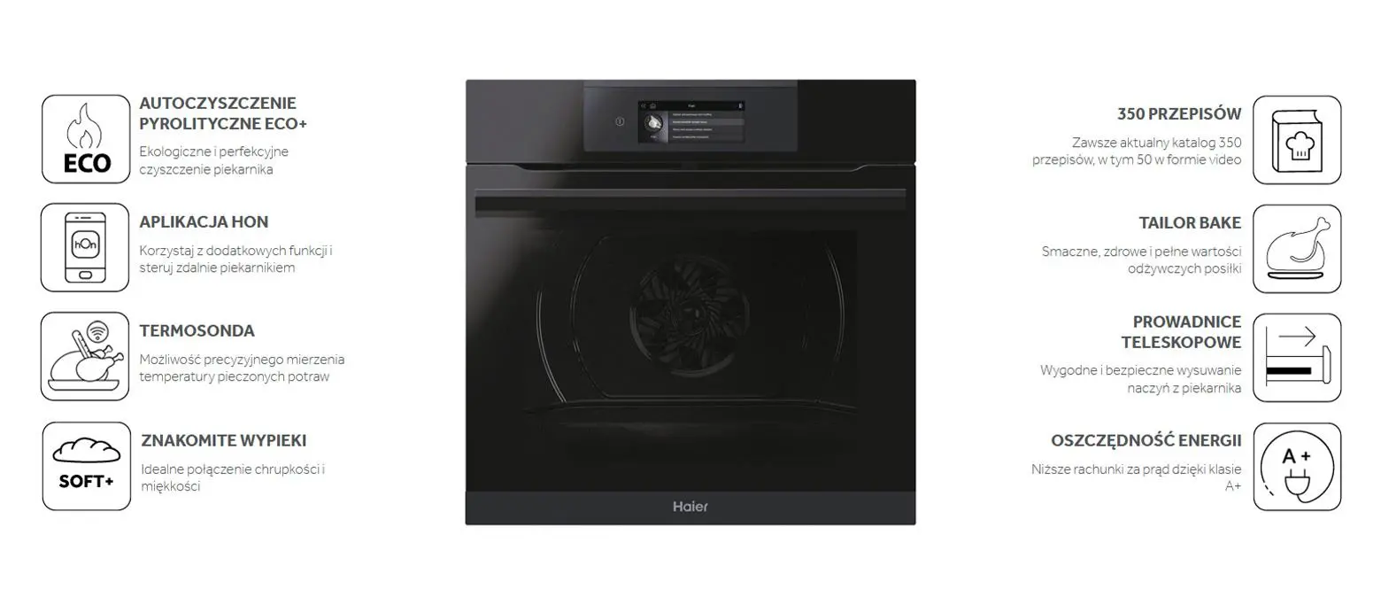 Piekarnik elektryczny Haier I-Touch 6 HWO60SM6T9BH Termoobieg Termosonda Zdalne sterowanie Czarny