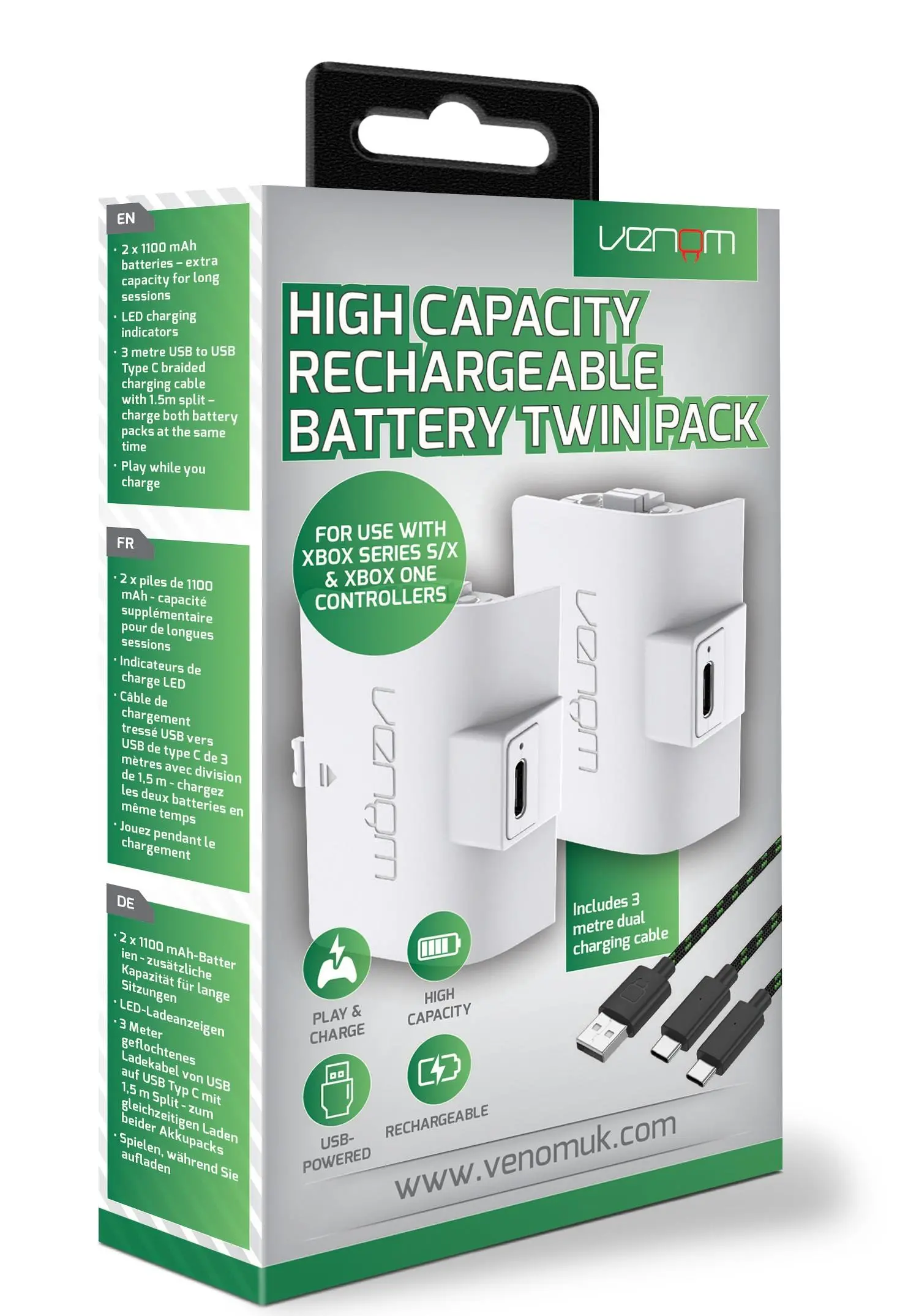 Akumulator Venom Venom VS2874 2 sztuki do pada Xbox Series X/S, Xbox One 2szt + kabel USB 3m Biały
