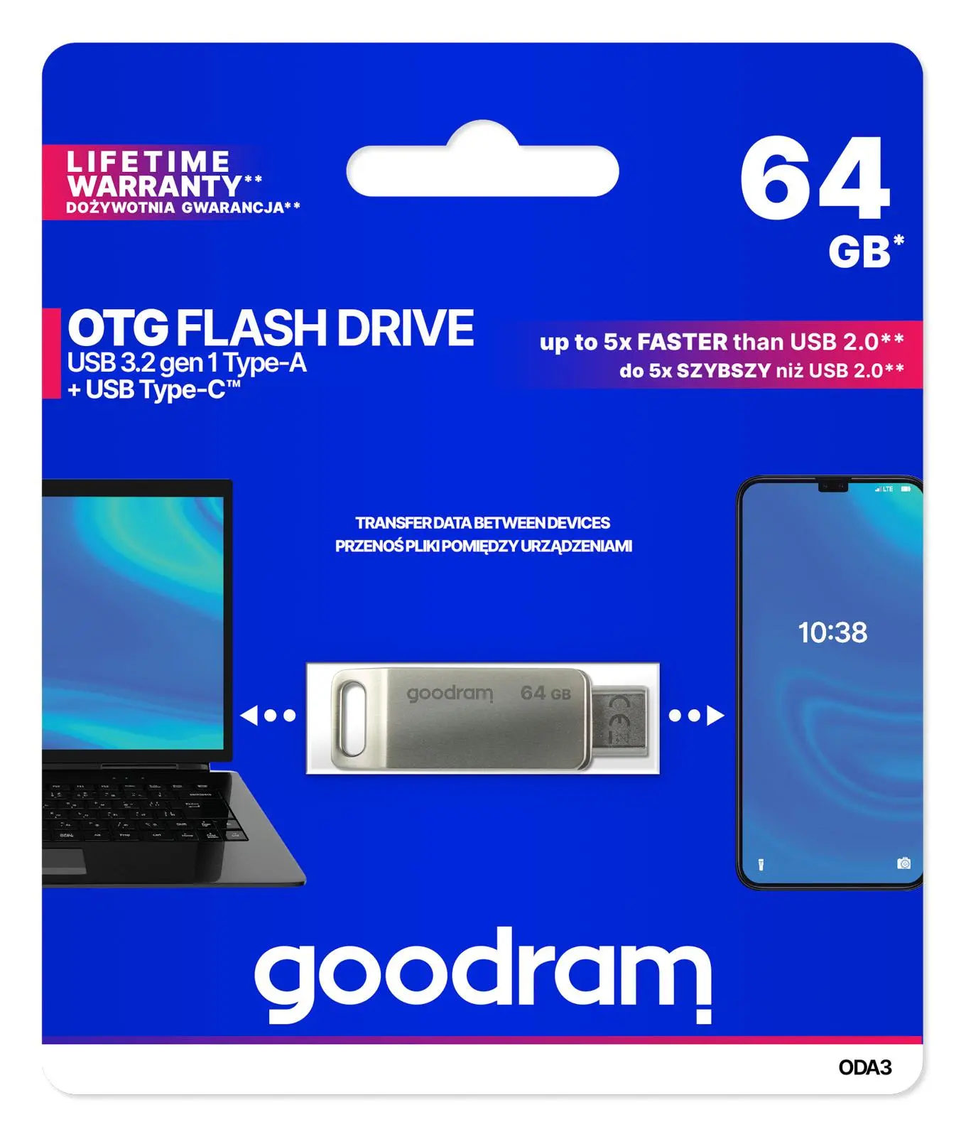 PenDrive GoodRam ODA3 64GB USB 3.2 Typ C / USB 3.2 Srebrny