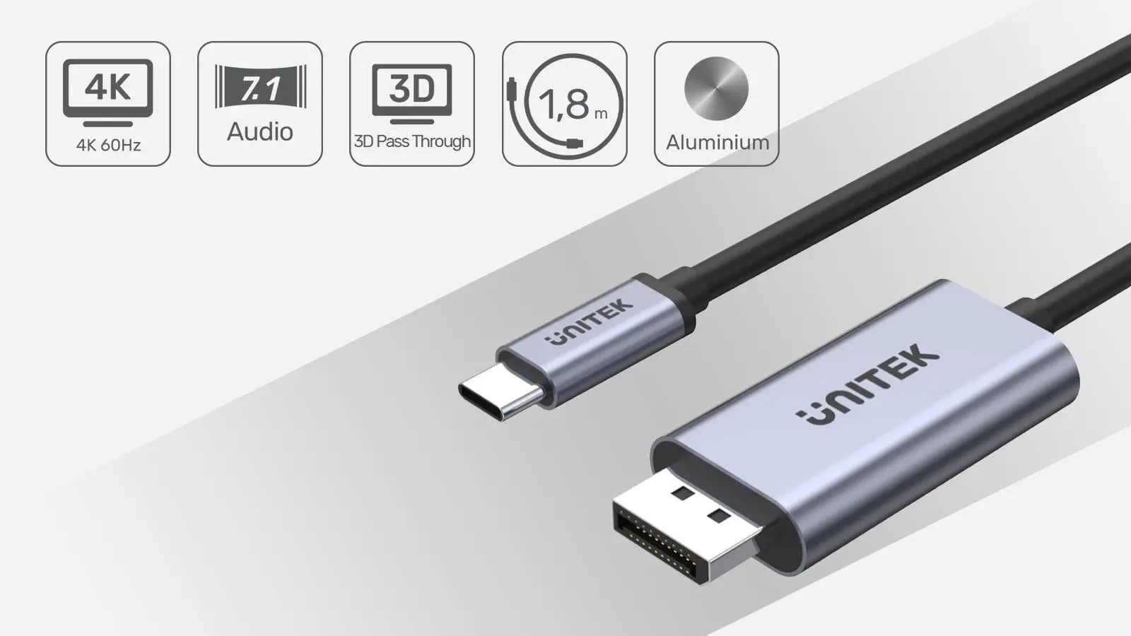 Adapter Unitek V1409A USB-C na DP 1.2 4K@60Hz 1,8 m Srebrno-szary