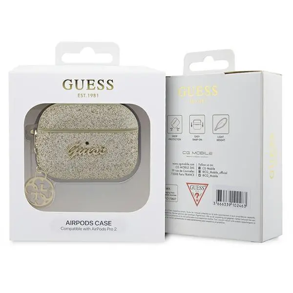 Etui na słuchawki Guess Glitter Flake 4G Charm GUAP2GLGSHD do AirPods Pro 2 Złoty