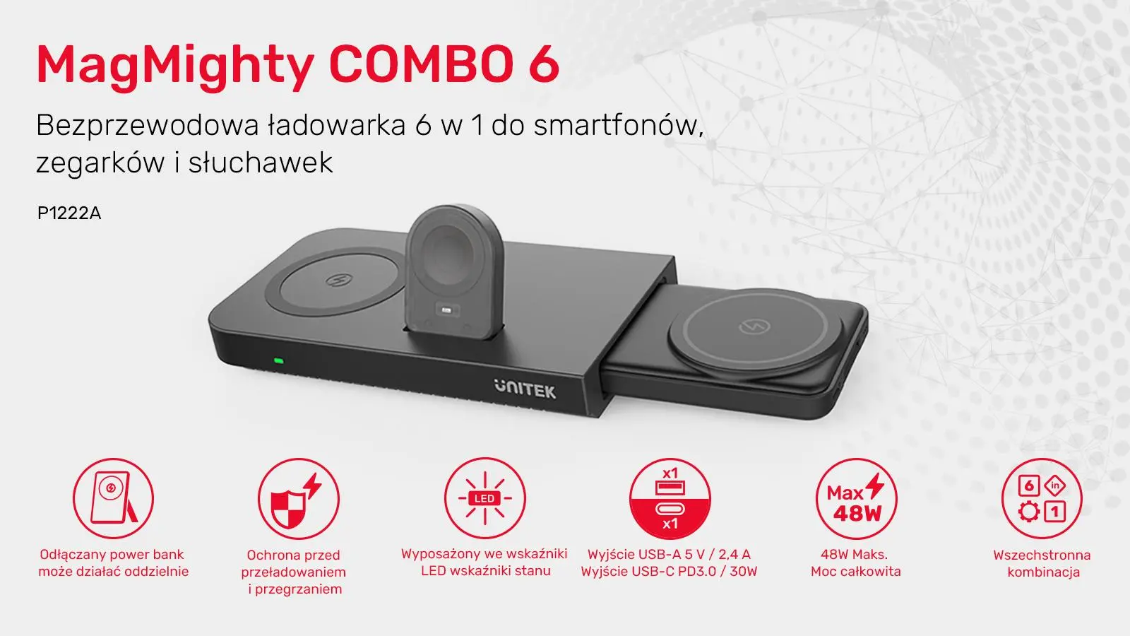 Ładowarka indukcyjna Unitek P1222A 48W z powerbankiem 6w1