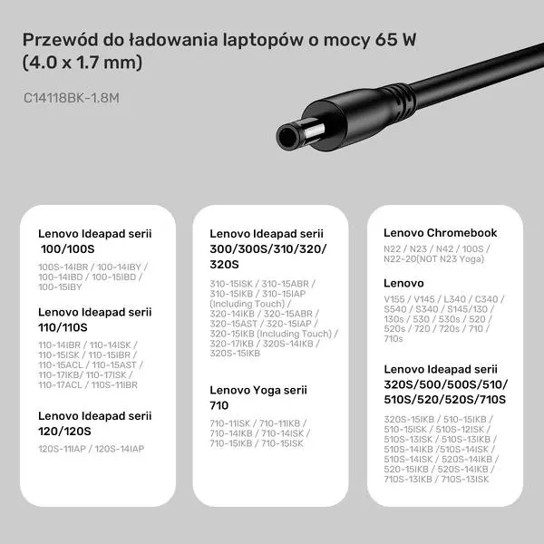 Kabel zasilający Unitek C14118BK do Lenovo 65W USB-C - DC 4,0 mm 1,8m Czarny