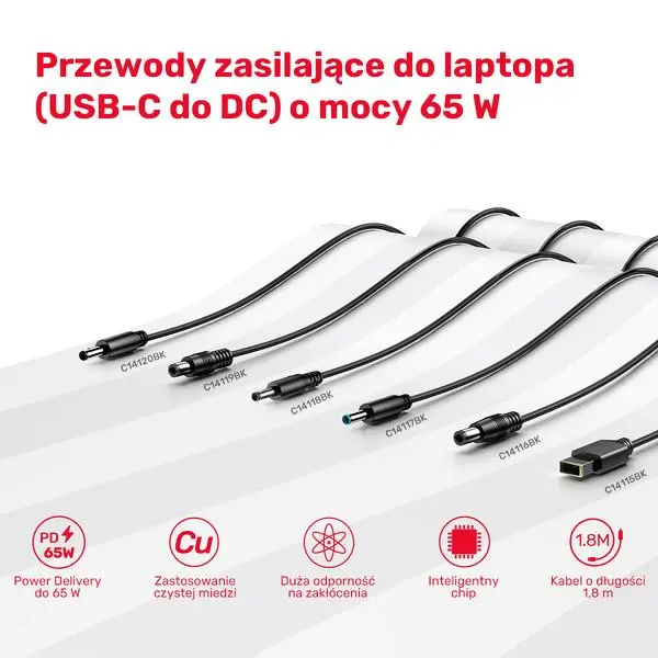 Kabel zasilający Unitek C14118BK do Lenovo 65W USB-C - DC 4,0 mm 1,8m Czarny