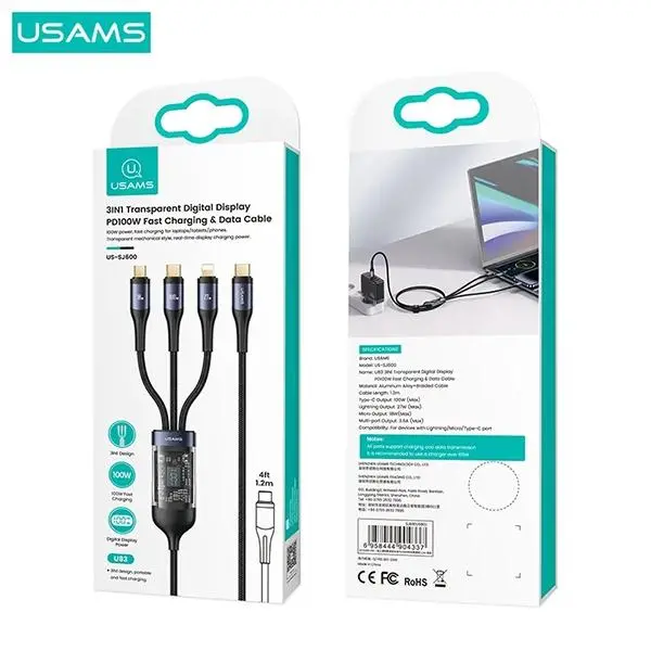 Kabel USAMS U83 3w1 100W lightning microUSB USB-C 1,2m Czarny