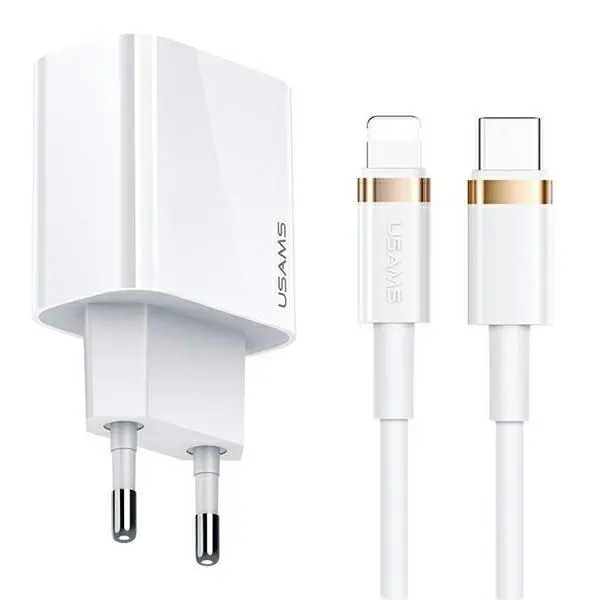 Ładowarka sieciowa USAMS 1x USB-C T34 20W 5V-3A PD3.0 + kabel U63 USB-C do lightning 20W Biały