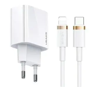 Ładowarka sieciowa USAMS 1x USB-C T34 20W 5V-3A PD3.0 + kabel U63 USB-C do lightning 20W Biały