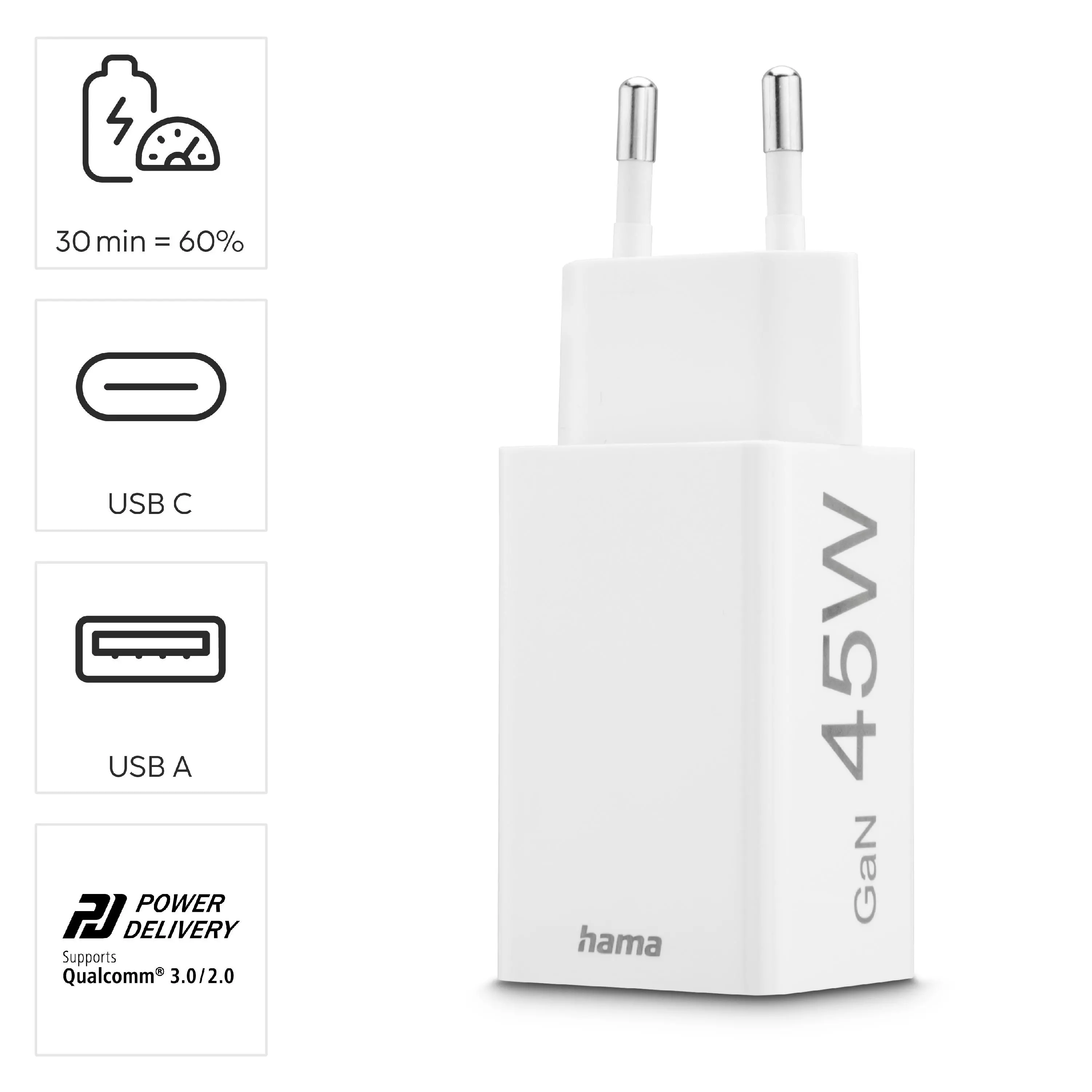 Ładowarka sieciowa Hama mini 45W GaN QC Biały
