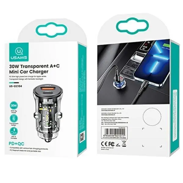 Ładowarka samochodowa USAMS C32 1xUSB+1xUSB-C Fast Charge 30W Czarny