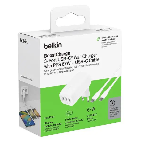 Ładowarka sieciowa Belkin 3x USB-C PowerDelivery 3.1 67W + kabel USB-C
