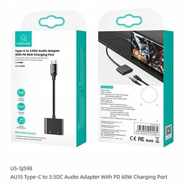 Adapter USAMS AU15 USB-C na jack 3,5mm DAC PD 60W