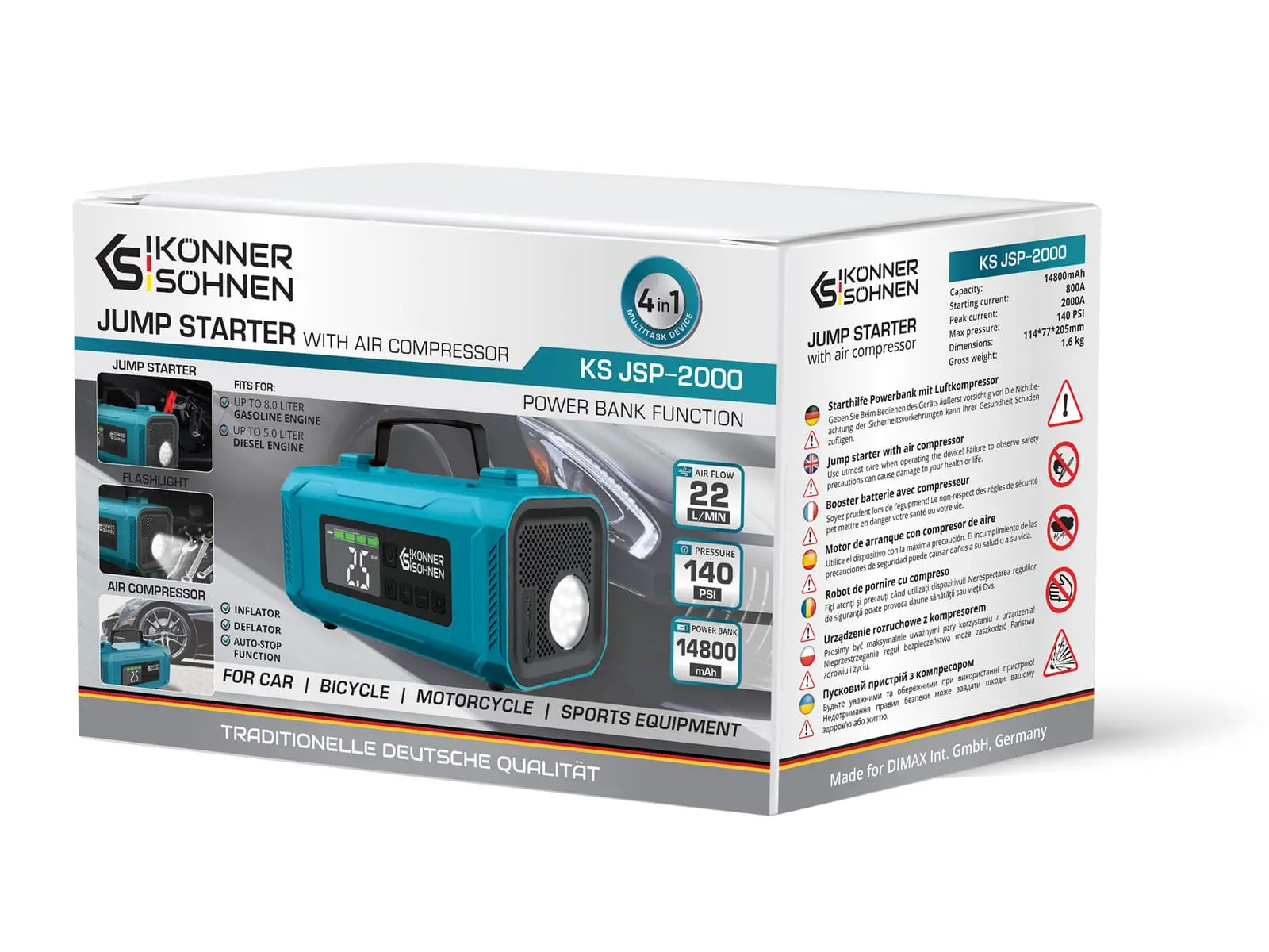 Powerbank Konner & Sohnen KS JSP-2000 Jump Starter Air Compressor 14800mAh 10W Niebieski