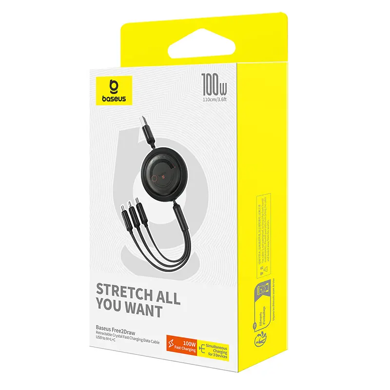 Kabel Baseus 3w1 Free2Draw USB do M+L+C 100W 1,1m Czarny