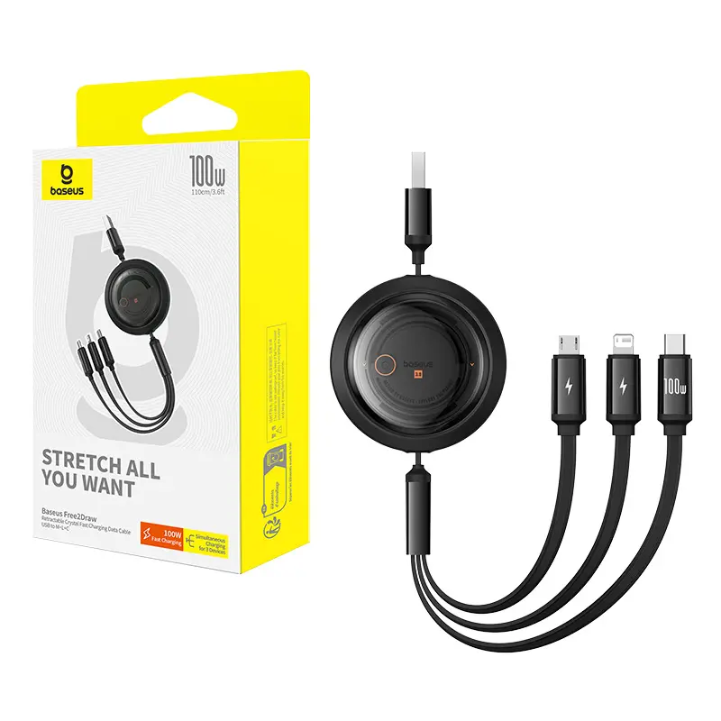 Kabel Baseus 3w1 Free2Draw USB do M+L+C 100W 1,1m Czarny