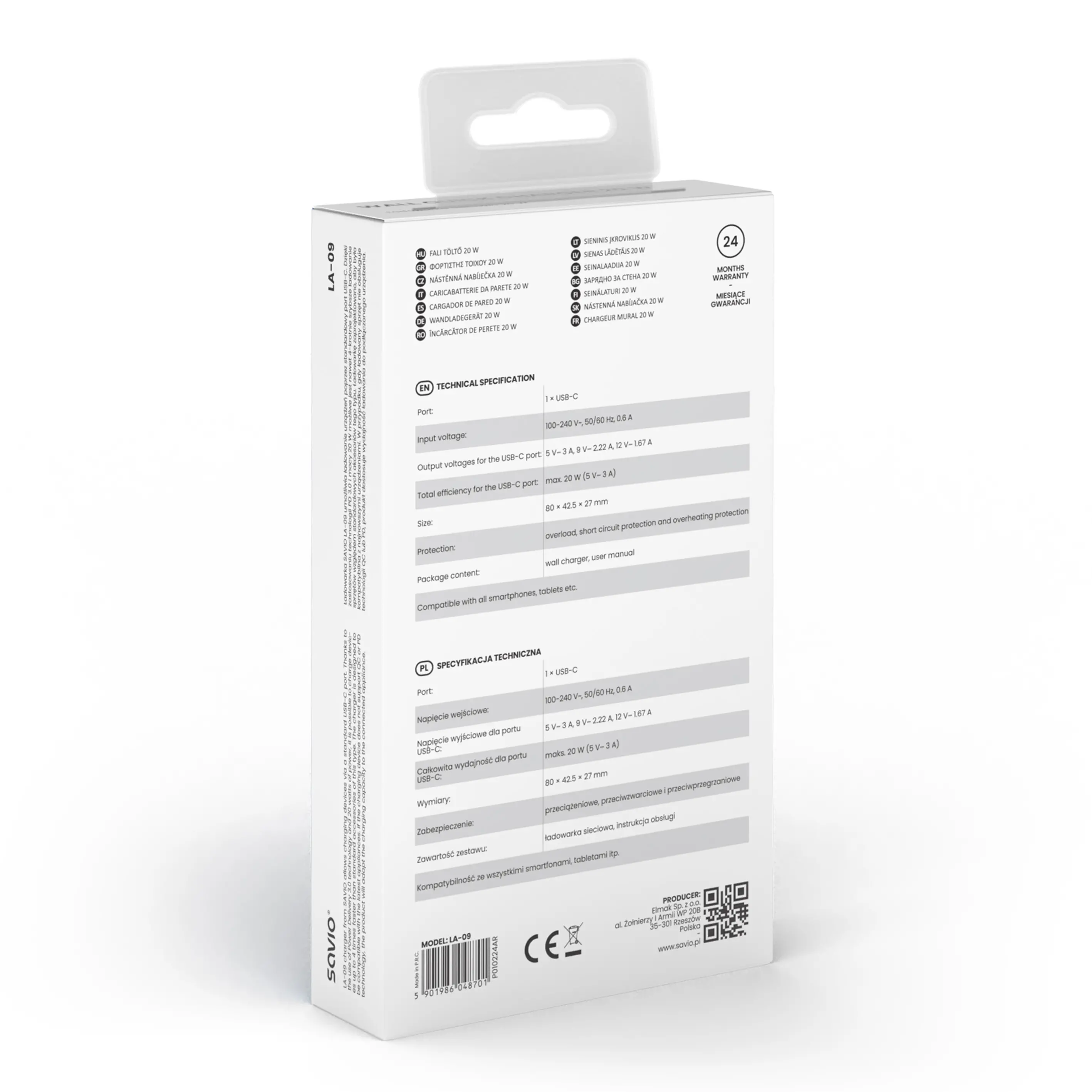 Ładowarka sieciowa Savio LA-09 20W PD 3.0 Biały
