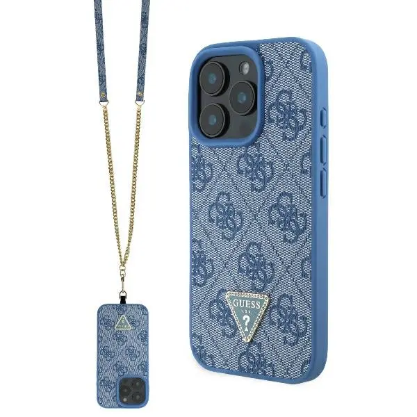Etui Guess Leather Metal Logo Strass Crossbody do iPhone 16 Pro Max Niebieski