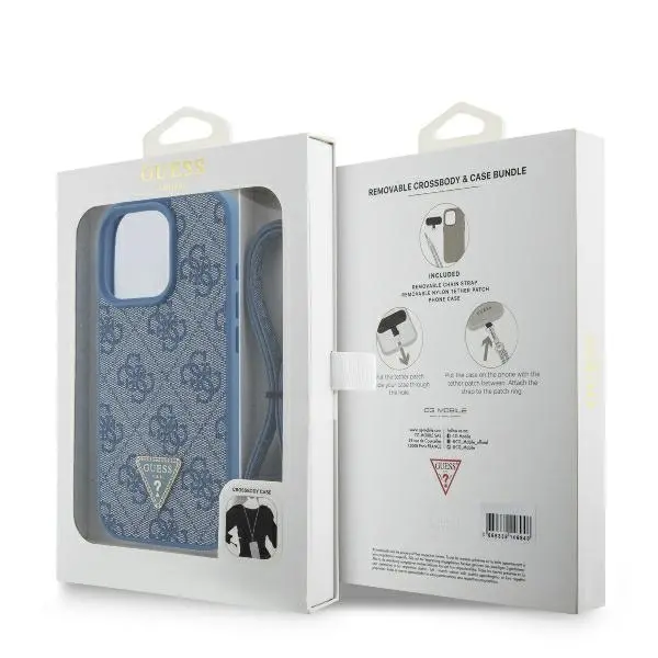Etui Guess Leather Metal Logo Strass Crossbody do iPhone 16 Pro Max Niebieski