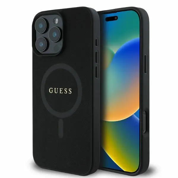 Etui Guess Saffiano Classic Logo MagSafe do iPhone 16 Pro Max Czarny