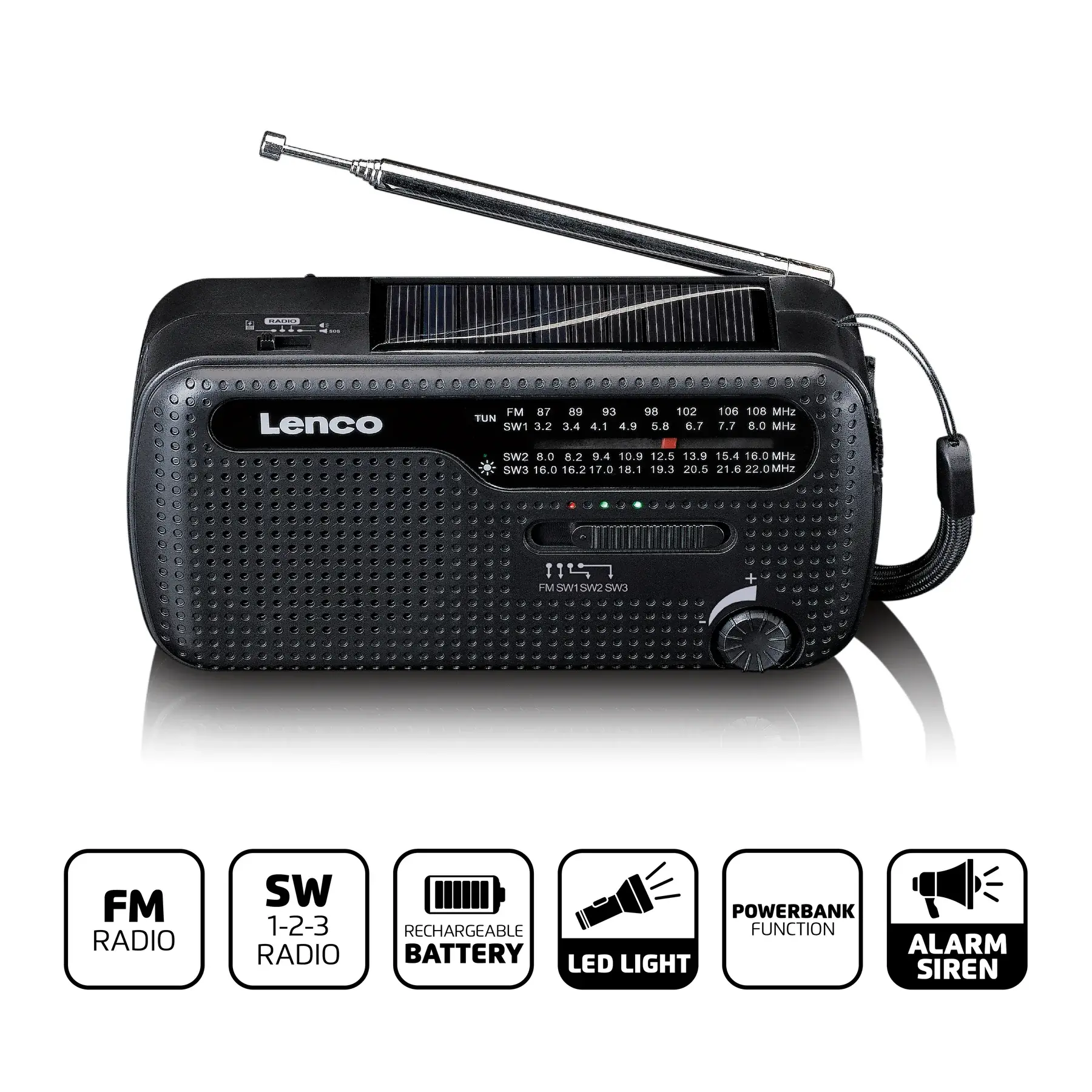 Radioodbiornik Lenco MCR-113BK Radio FM Ładowanie solarne, Ręczna korbą, Latarka i Powerbank Czarny