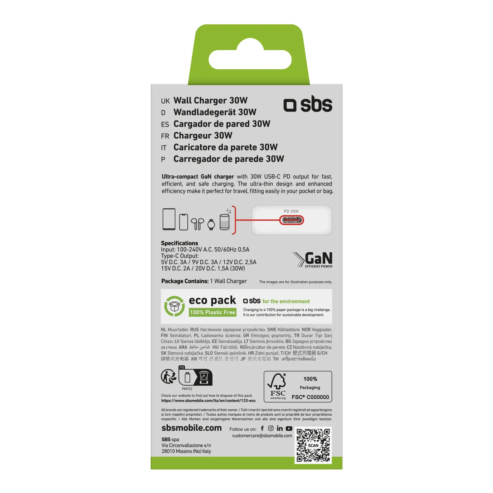 Ładowarka sieciowa SBS Ultra slim USB-C 30W Biały
